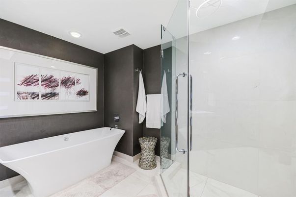 Bathroom, Free Standing Baths, Glass Shower, Interior, Recessed Lighting