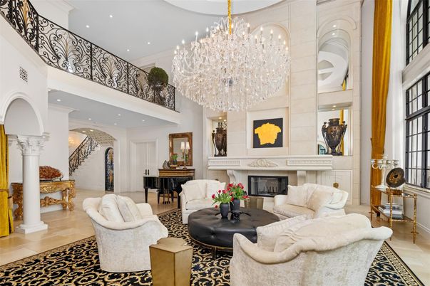 Chandelier, Fireplace, Interior, Living room, Piano, Recessed Lighting