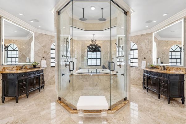 Bathroom, Chandelier, Glass Shower, Interior, Recessed Lighting