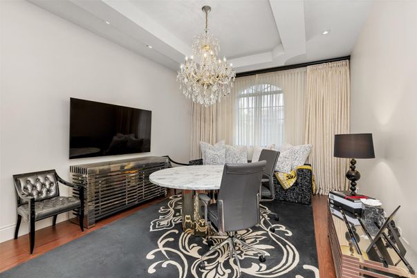 Chandelier, Dining room, Interior, Recessed Lighting, Wood Texture Flooring