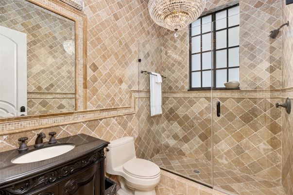 Bathroom, Chandelier, Glass Shower, Interior