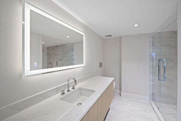 Bathroom, Glass Shower, Interior, Marble, Recessed Lighting
