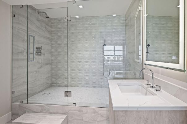 Bathroom, Glass Shower, Interior, Marble Walls, Recessed Lighting