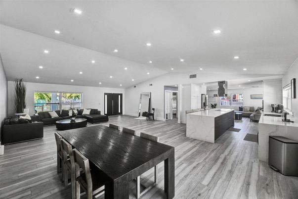Dining room, Interior, Kitchen, Living room, Recessed Lighting, Wood Texture Flooring