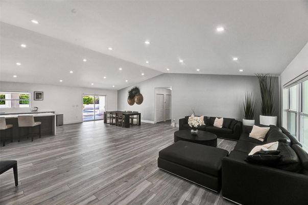 Dining room, Interior, Living room, Recessed Lighting, Wood Texture Flooring