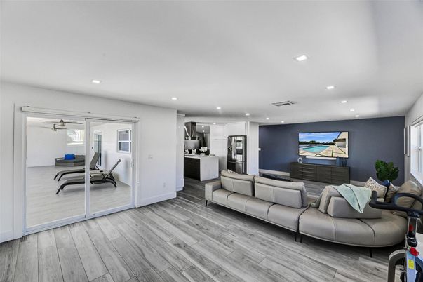 Interior, Kitchen, Living room, Recessed Lighting, Stainless Steel Appliances, Wood Texture Flooring