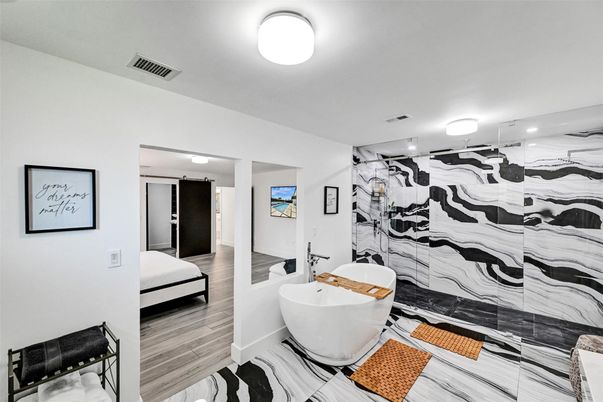 Bathroom, Free Standing Baths, Glass Shower, Interior, Wood Texture Flooring