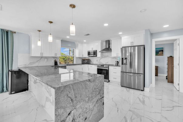 Interior, Kitchen, Marble, Pendant Lights, Recessed Lighting, Stainless Steel Appliances