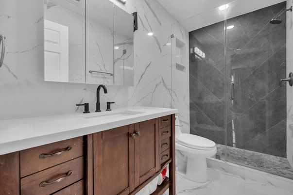 Bathroom, Glass Shower, Interior, Marble, Marble Walls, Recessed Lighting