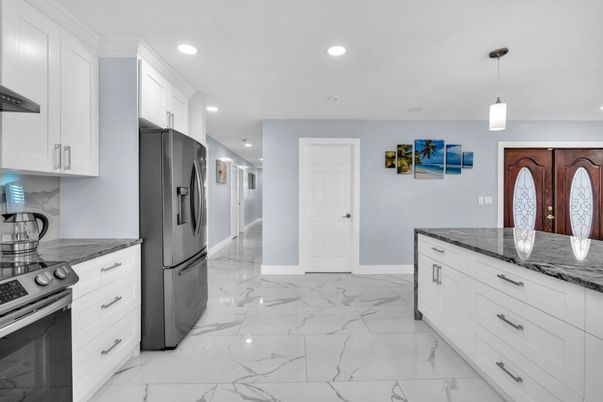 Interior, Kitchen, Marble, Pendant Lights, Recessed Lighting, Stainless Steel Appliances