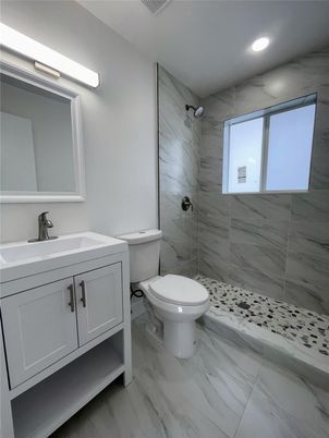 Bathroom, Interior, Marble, Marble Walls, Recessed Lighting, Wood Texture Flooring