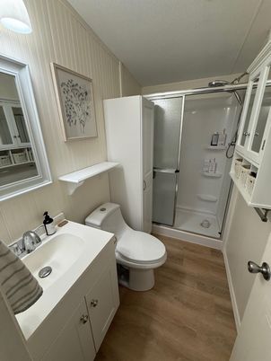 Bathroom, Glass Shower, Interior, Wood Texture Flooring