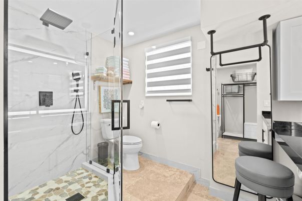 Bathroom, Glass Shower, Interior, Marble Walls, Recessed Lighting