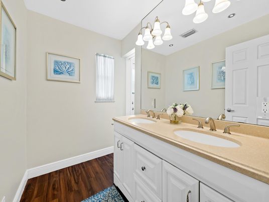 Bathroom, Dual Sink Vanities, Interior, Recessed Lighting, Wood Texture Flooring