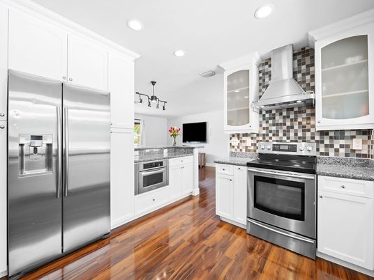 Interior, Kitchen, Recessed Lighting, Stainless Steel Appliances, Wood Texture Flooring
