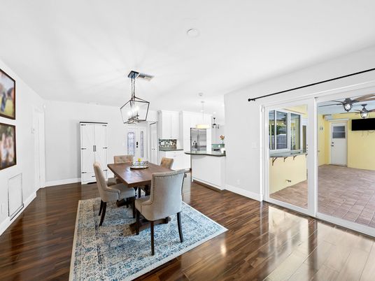 Dining room, Interior, Kitchen, Pendant Lights, Wood Texture Flooring