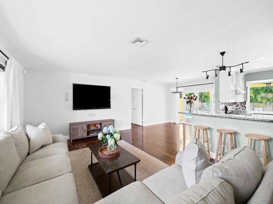 Interior, Kitchen, Living room, Pendant Lights, Recessed Lighting, Wood Texture Flooring