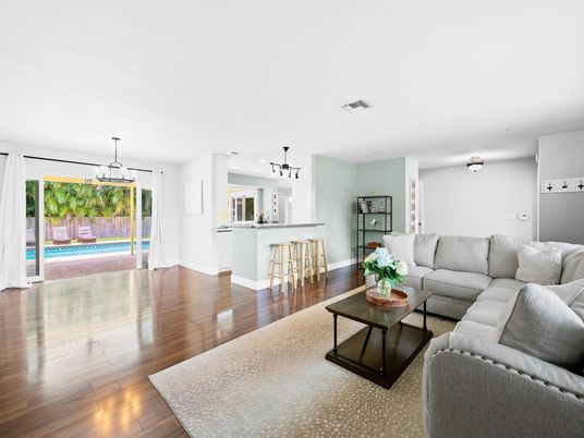 Interior, Kitchen, Living room, Pendant Lights, Wood Texture Flooring