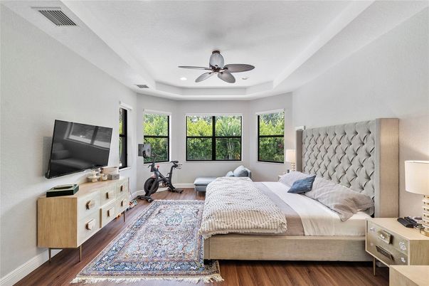 Bedroom, Fitness Equipment, Interior, Recessed Lighting, Wood Texture Flooring