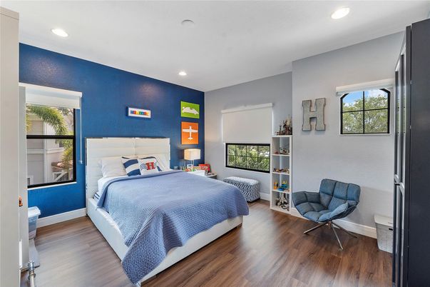 Bedroom, Interior, Recessed Lighting, Wood Texture Flooring