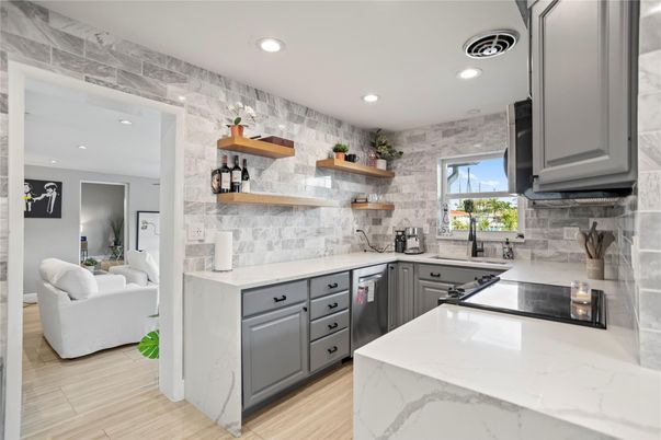 Interior, Kitchen, Living room, Recessed Lighting, Stone Walls, Wood Texture Flooring