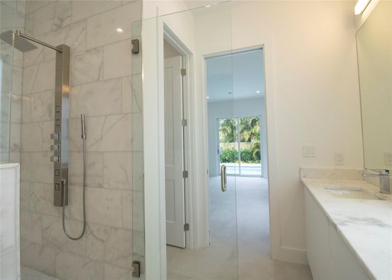 Bathroom, Glass Shower, Interior, Marble Walls, Recessed Lighting