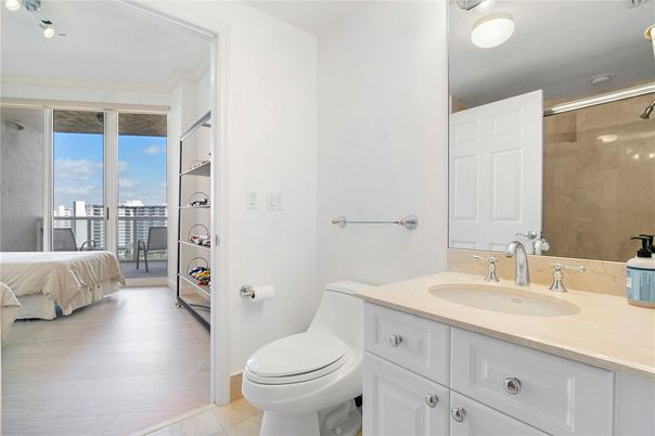 Bathroom, Bedroom, Glass Shower, Interior, Wood Texture Flooring