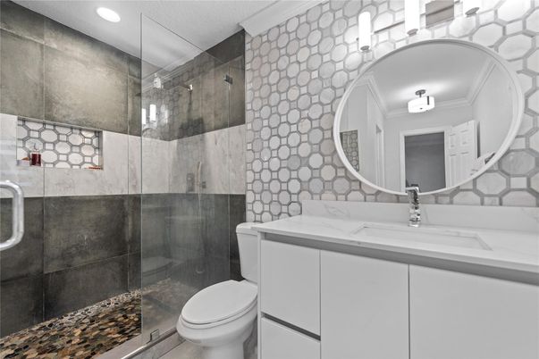Bathroom, Dual Sink Vanities, Glass Shower, Interior, Recessed Lighting