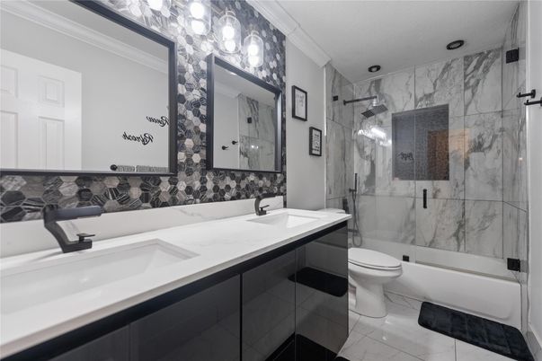 Bathroom, Dual Sink Vanities, Glass Shower, Interior, Marble, Marble Walls