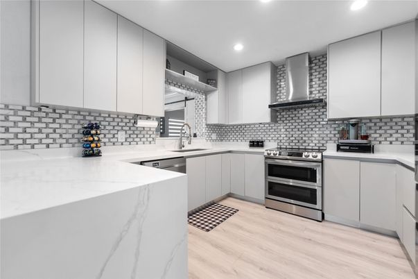 Interior, Kitchen, Recessed Lighting, Stainless Steel Appliances, Wood Texture Flooring