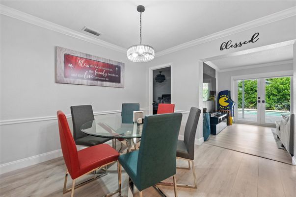 Dining room, Interior, Pendant Lights, Wood Texture Flooring