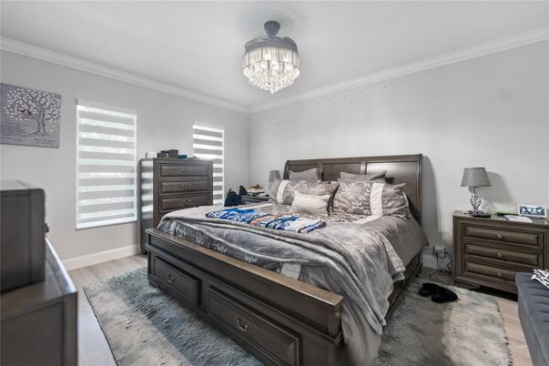 Bedroom, Chandelier, Interior, Wood Texture Flooring