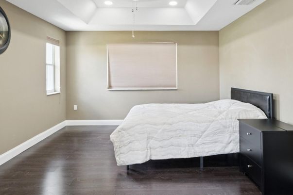 Bedroom, Interior, Recessed Lighting, Wood Texture Flooring