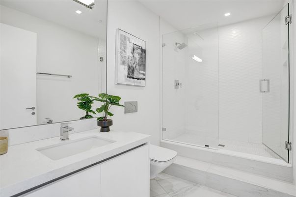 Bathroom, Glass Shower, Interior, Marble, Marble Walls, Recessed Lighting