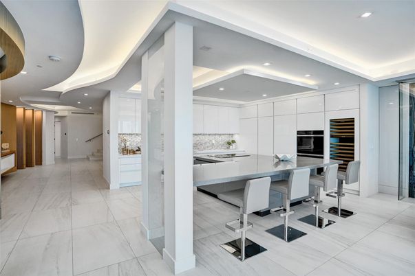 Interior, Kitchen, Marble, Recessed Lighting, Stainless Steel Appliances