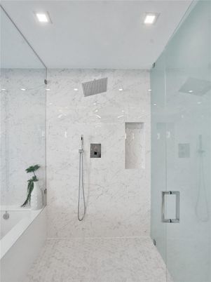 Bathroom, Glass Shower, Interior, Marble Walls, Recessed Lighting