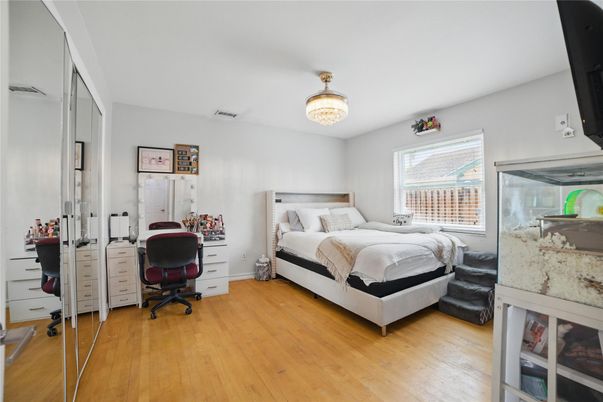Bedroom, Chandelier, Home Office, Interior, Wood Texture Flooring