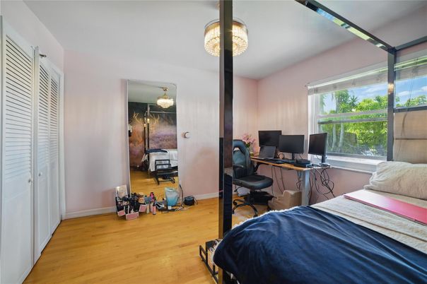 Bedroom, Chandelier, Home Office, Interior, Wood Texture Flooring