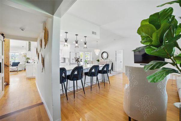 Dining room, Interior, Kitchen, Pendant Lights, Wood Texture Flooring