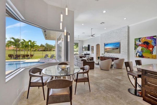 Dining room, Interior, Living room, Pendant Lights, Recessed Lighting, Stone Walls