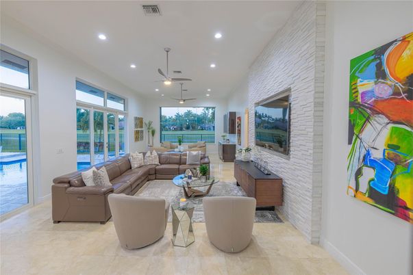 Interior, Living room, Pendant Lights, Recessed Lighting, Stone Walls