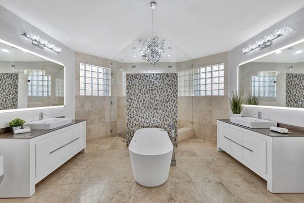 Bathroom, Dual Sink Vanities, Free Standing Baths, Glass Shower, Interior, Pendant Lights