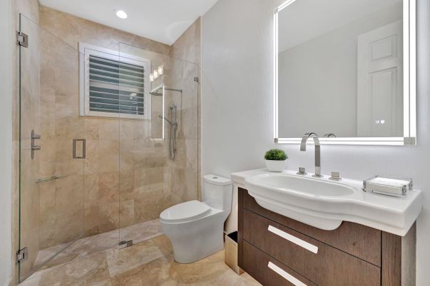 Bathroom, Glass Shower, Interior, Recessed Lighting