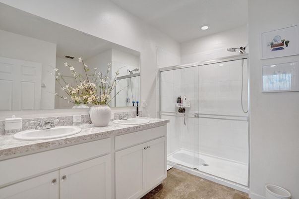 Bathroom, Dual Sink Vanities, Glass Shower, Interior, Recessed Lighting