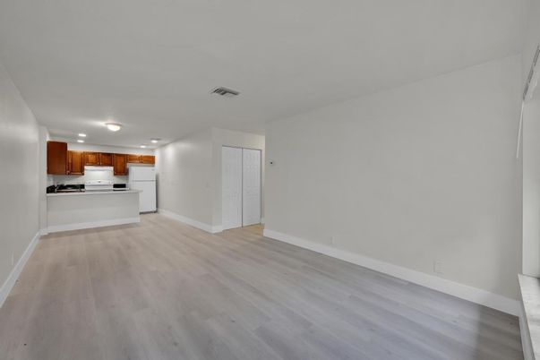 Empty room, Interior, Kitchen, Stainless Steel Appliances, Wood Texture Flooring