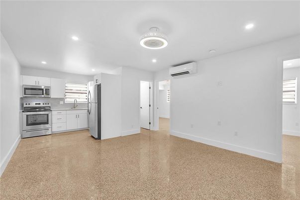 Empty room, Interior, Kitchen, Recessed Lighting, Stainless Steel Appliances