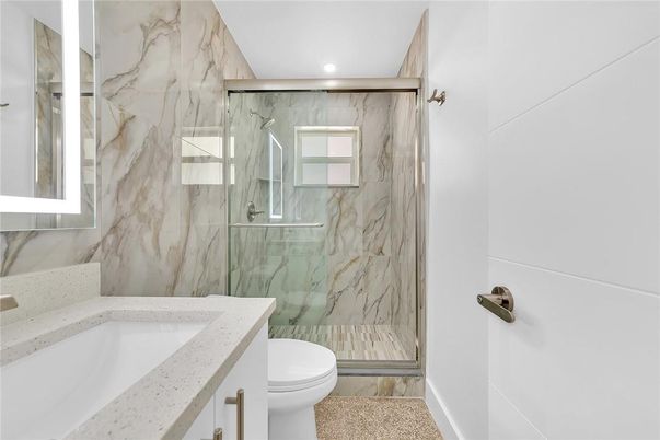 Bathroom, Glass Shower, Interior, Marble Walls, Recessed Lighting