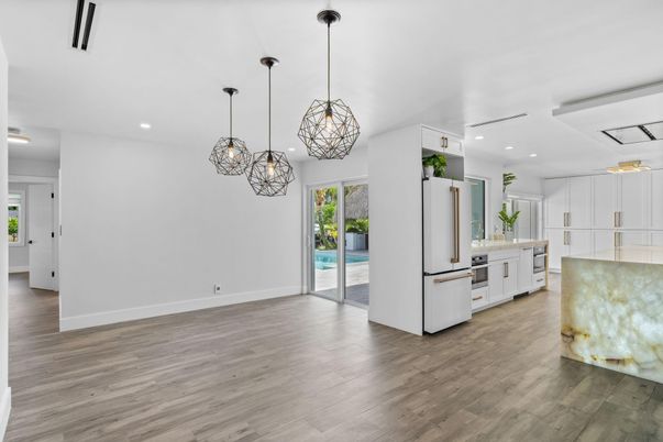 Interior, Kitchen, Pendant Lights, Recessed Lighting, Wood Texture Flooring