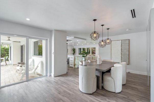 Dining room, Interior, Pendant Lights, Recessed Lighting, Wood Texture Flooring