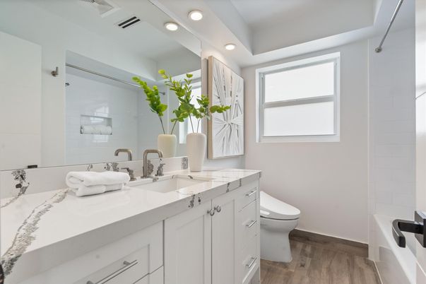 Bathroom, Glass Shower, Interior, Wood Texture Flooring
